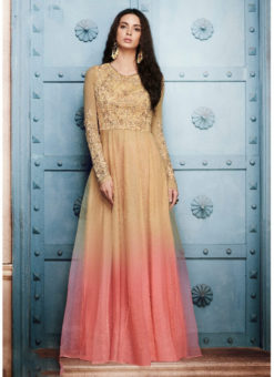 Beige N Pink Net Floor Length Wedding Wear Anarkali Suit