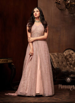 Dusty Pink Net Floor Length Designer Party Wear Anarkali Salwar Kameez
