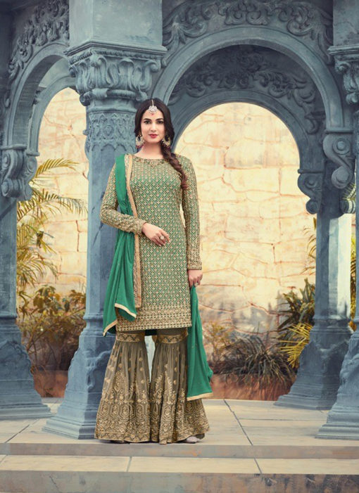 Green Georgette Pakistani Designer Party Wear Sharara Kameez