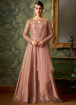 Pink Jacquard Wedding Wear Embroidered Gown Style Anarkali Suit