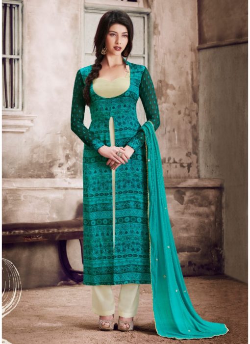 Green Satin Printed Party Wear Pant Style Suit