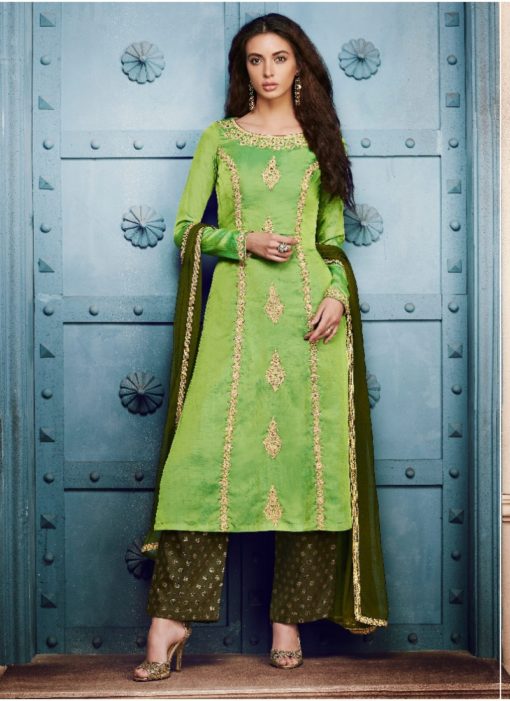 Green Silk Embroidered Work Party Wear Pant Style Suit