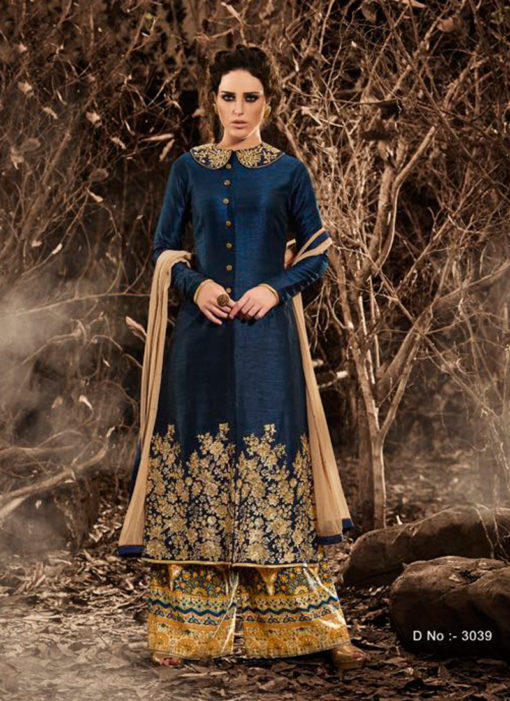Blue Bhagalpuri Silk Party Wear Designer Palazzo Suit