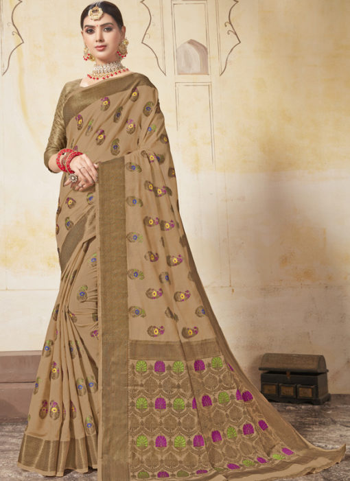 Beige Art Silk Zari Weaving Designer Saree