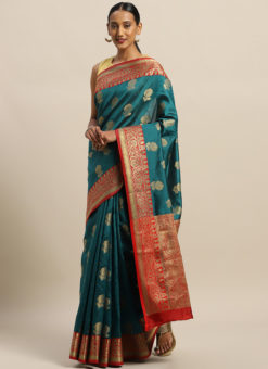 Teal Blue Cotton Silk Zari Weaving Designer Saree
