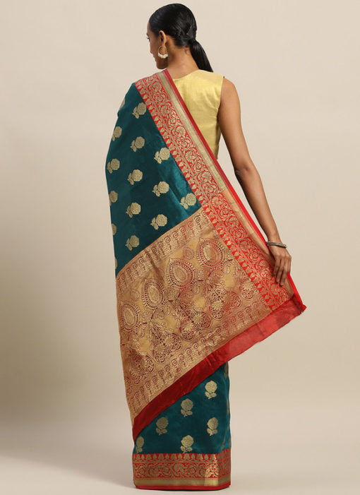 Teal Blue Cotton Silk Zari Weaving Designer Saree