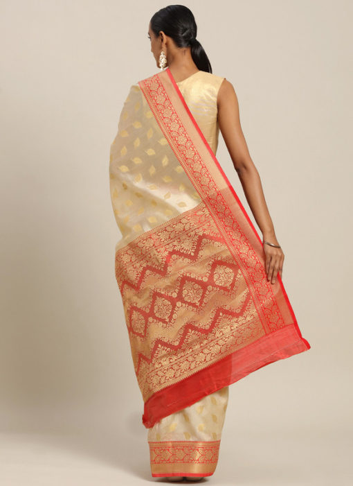 Cream Handloom Silk Zari Weaving Designer Saree