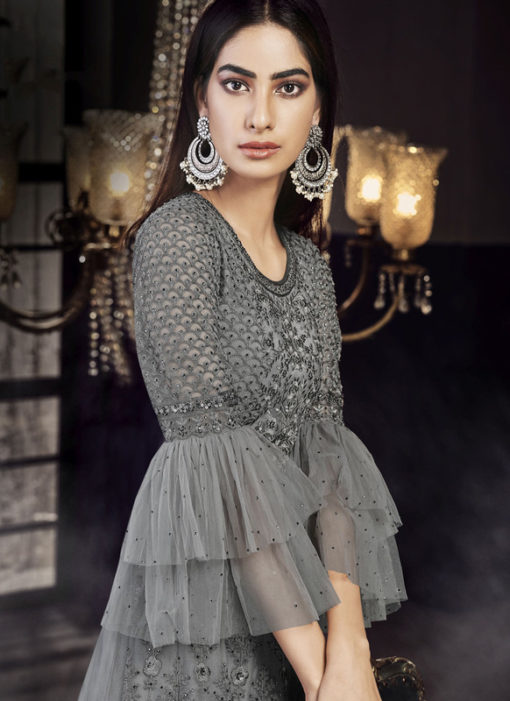 Grey Net Embroidered Work Designer Wedding Anarkali Suit