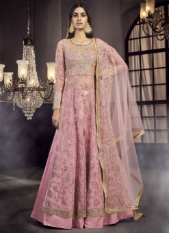 Pink Net Embroidered Work Designer Wedding Lehenga Style Anarkali Suit