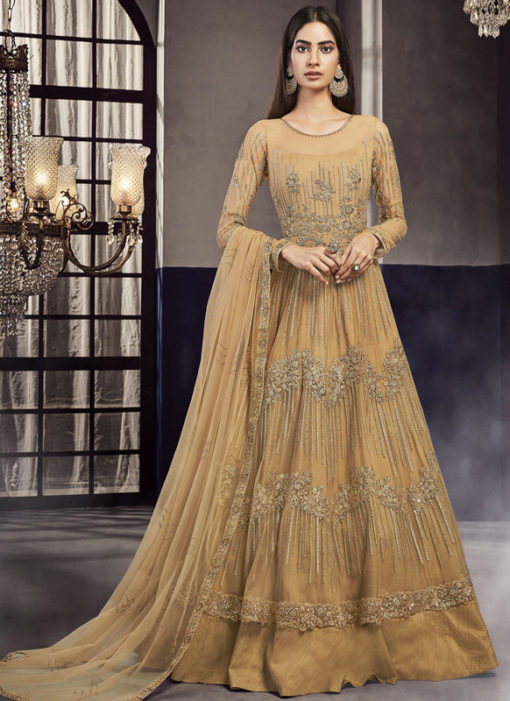 Brown Net Embroidered Work Designer Wedding Lehenga Style Anarkali Suit