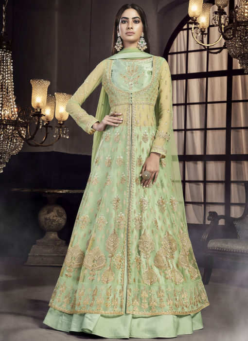 Green Net Embroidered Work Designer Wedding Lehenga Style Anarkali Suit