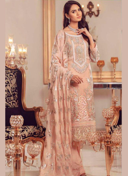 Lovely Peach Georgette And Net Designer Pakistani Suit