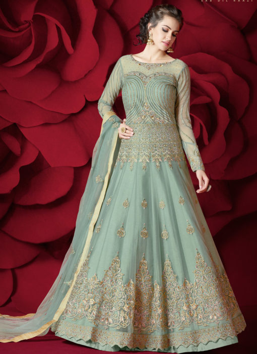 Green Net Wedding Wear Floor Length Anarkali Suit