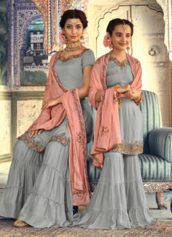 Grey Rangoli Georgette Mother And Daughter Wedding Wear Sharara Kameez