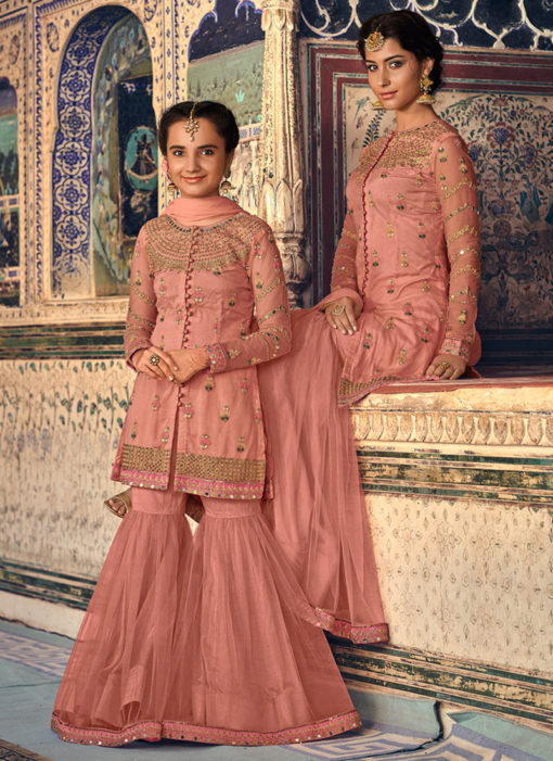 Peach Net Mother And Daughter Wedding Wear Sharara Kameez