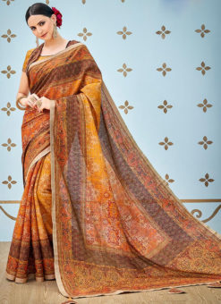 Orange Banarsi Silk Party & Festival Wear Digital Printed Sarees