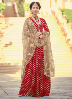 Red Viscose Jacquard  Wedding Wear Floor Length Anarkali Suit