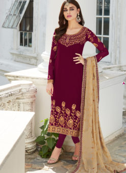 Maroon Georgette Embroidered Staight Cut Suits