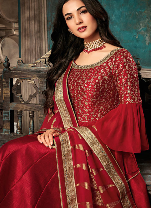 Alluring Red Pure Silk Gown Style Designer Anarkali Salwar Suit