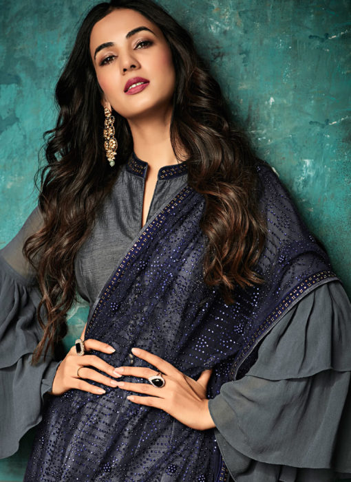 Pleasant Grey Pure Silk Gown Style Designer Anarkali Suit