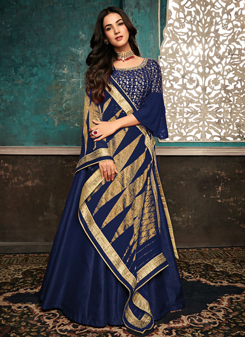 Royal Blue Anarkali Suit With Embroidered Sleeves – LIBAS CAFE