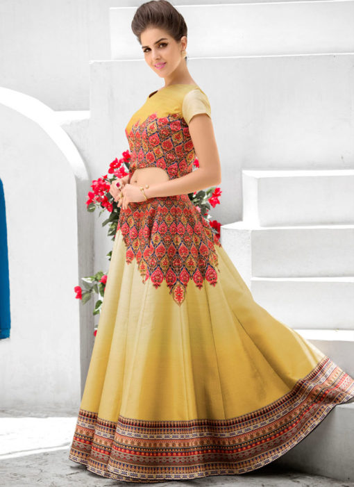 Yellow Silk 2 in 1 Wedding Wear A-Line Lehenga & Gown