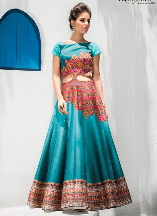 Turquoise Silk 2 in 1 Wedding Wear A-Line Lehenga & Gown