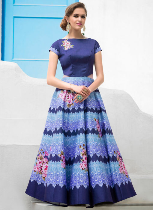 Blue Silk 2 in 1 Wedding Wear A-Line Lehenga & Gown