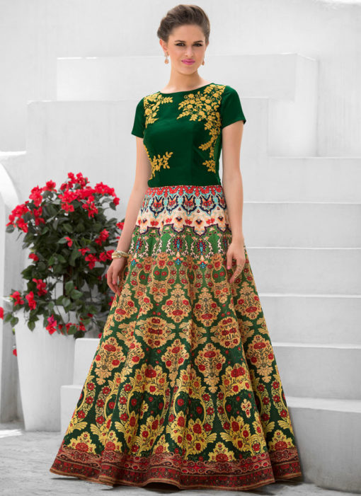 Green Pure Satin 2 in 1 Wedding Wear A-Line Lehenga & Gown