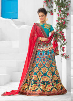 Teal Blue Pure Satin 2 in 1 Wedding Wear A-Line Lehenga & Gown