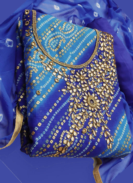 Elegant Blue Silk Designer Bandhej Dress Material
