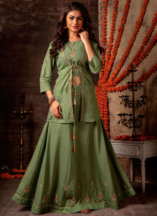 Elegant Green Mal Designer Jacket Style Lehenga Choli