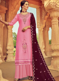 Charming Pink Designer Embroidred Pure Satin Georgette Palazzo Suit