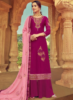 Lovely Violet Designer Embroidred Pure Satin Georgette Palazzo Suit