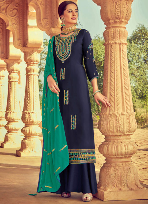 Amazing Navy Blue Designer Embroidred Pure Satin Georgette Palazzo Suit