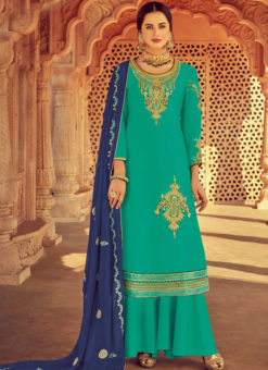 Alluring Green Designer Embroidred Pure Satin Georgette Palazzo Suit