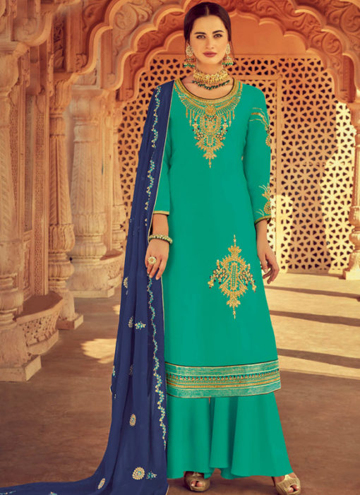 Alluring Green Designer Embroidred Pure Satin Georgette Palazzo Suit
