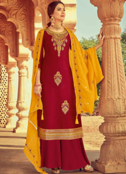 Jazzy Maroon Designer Embroidred Pure Satin Georgette Palazzo Suit