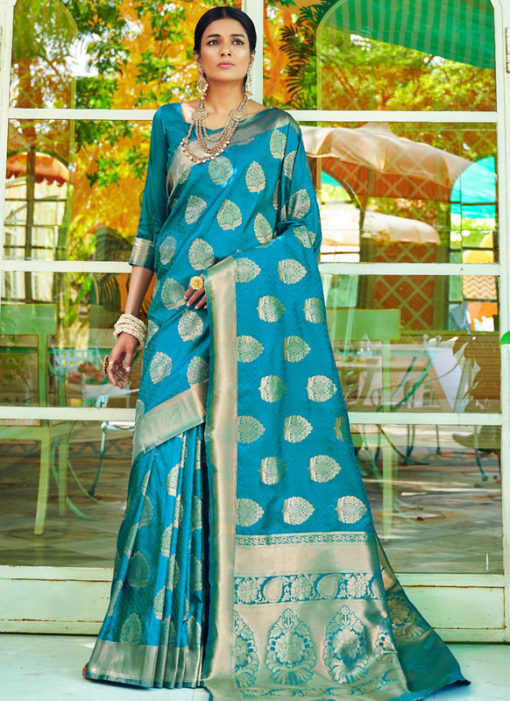 Blue Designer Classic Wear Heavy Weaving Silk Saree
