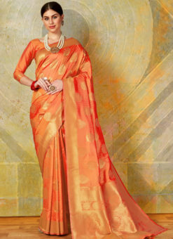 Orange Designer Classic Wear Heavy Weaving Silk Saree
