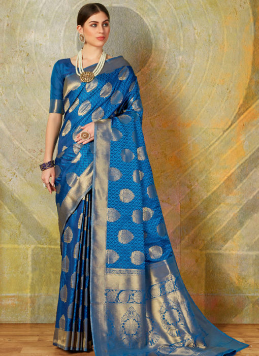 Blue Designer Classic Wear Heavy Weaving Silk Saree