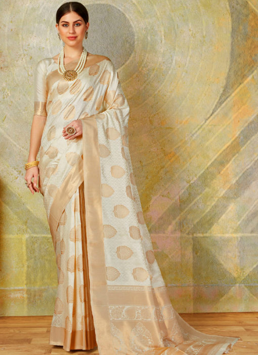 Off White Designer Classic Wear Heavy Weaving Silk Saree