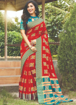 Red Cotton Silk Designer Zari Weaving Traditional Wear Saree