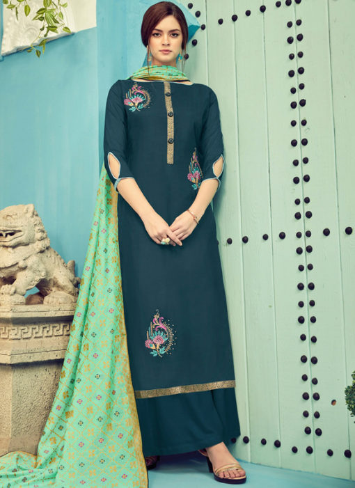 Lovely Teal Blue Viscose Designer Palazzo Suit