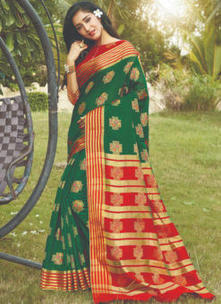 Green Cotton Silk Zari Weaving Designer Traditional Wear Saree