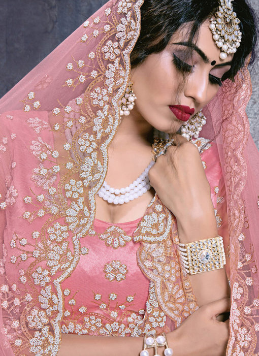 Alluring Pink Net Designer Wedding Wear Lehenga Choli