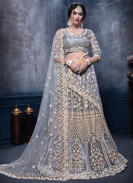 Excellent Grey Net Designer Wedding Wear Lehenga Choli
