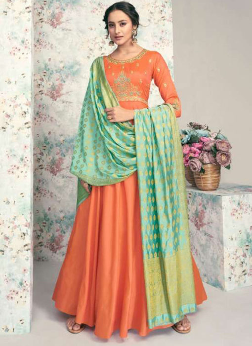 Orange Taffeta Silk Party Wear Embroidered Work Designer Gown