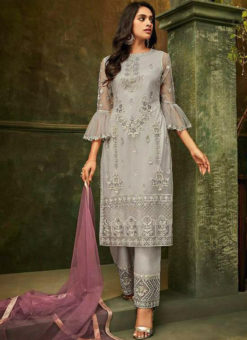 Latest Grey Designer Pakistani Style Butterfly Net Suit