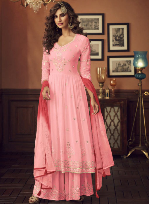 Latest Pink Designer Pakistani Style Faux Georgette Palazzo Suit